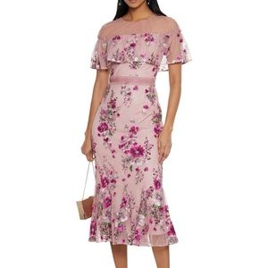 MARCHESA NOTTE
Cape-effect embroidered glittered tulle midi dress